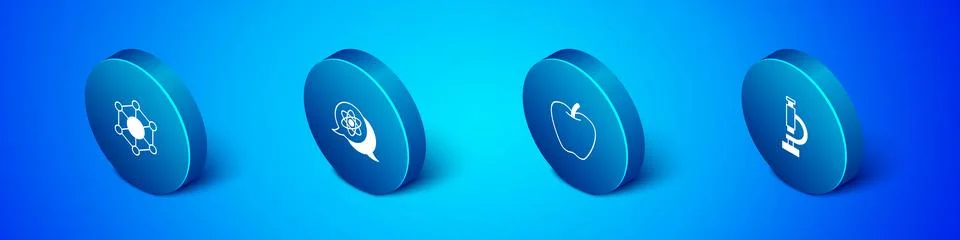 Set Isometric Molecule, Apple, Microscope and Atom icon. Vector Stock Illustration