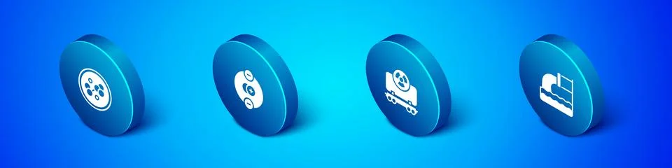 Set Isometric Molecule, Radioactive cargo train, Wastewater and Atom icon. .. Stock Illustration