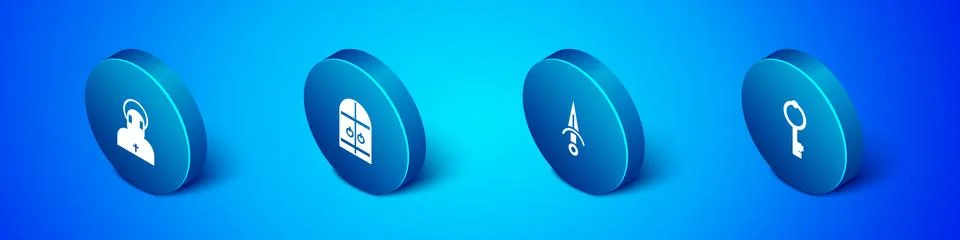 Set Isometric Monk, Dagger, Old key and Medieval castle gate icon. Vector Illustrazione stock
