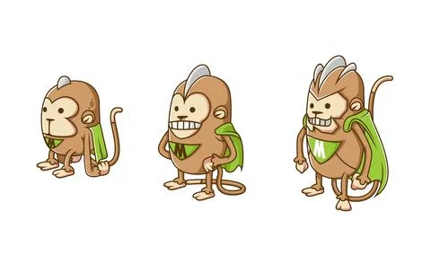 Set of isometric monkey hero character evolution illustration, with white bac Stock Illustration