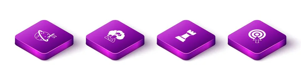 Set Isometric Moon with flag, Man holding, Chess and Target arrow icon. Vector Stock Illustration
