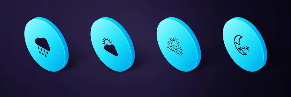 Set Isometric Moon icon, Sunset, and cloud weather and Cloud with rain icon Illustrazione stock