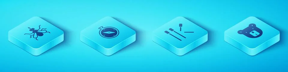 Set Isometric Mosquito, Compass, Bear head and Matches icon. Vector Stock Illustration