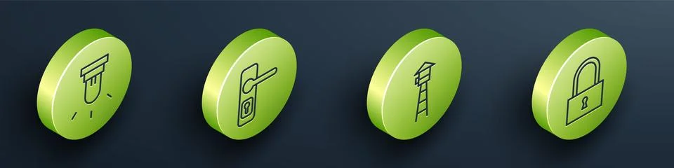 Set Isometric Motion sensor, Door handle, Watch tower and Lock icon. Vector Stock Illustration