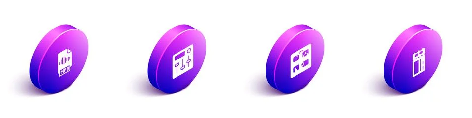 Set Isometric MP3 file document, Sound mixer controller, Storyboard and Cinema Ilustración de archivo