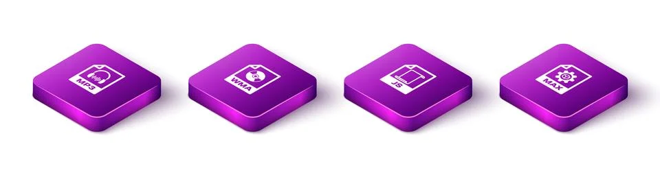 Set Isometric MP3 file document, WMA, JS and MAX icon. Vector Stock Illustration