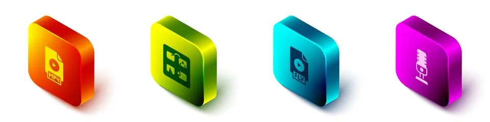 Set Isometric MP4 file document, Storyboard, FLV and Microphone icon. Vector Illustrazione stock