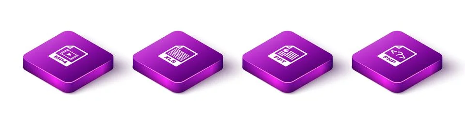 Set Isometric MP4 file document, XLS, PPT and PHP icon. Vector Illustration