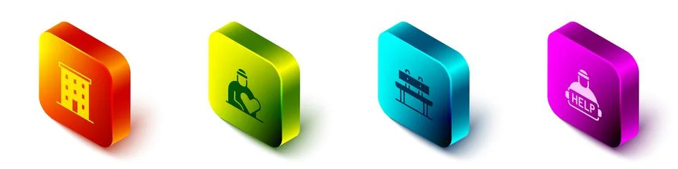 Set Isometric Multi storey building, Volunteer, Bench and Help homeless icon Ilustración de archivo
