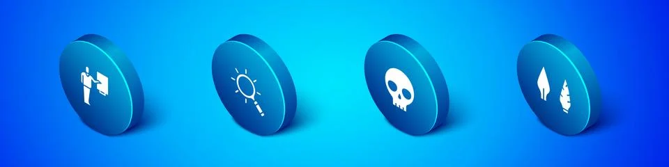 Set Isometric Museum guide, Human skull, Stone age arrow head and Magnifying Stock Illustration
