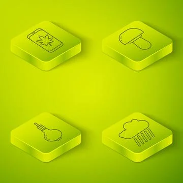 Set Isometric Mushroom, Onion, Cloud with rain and Leaf on mobile phone icon Stock Illustration