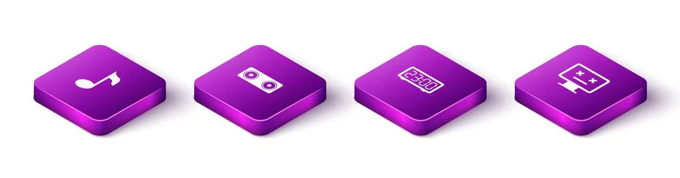 Set Isometric Music note, tone, Stereo speaker, Digital alarm clock and Dead 스톡 일러스트