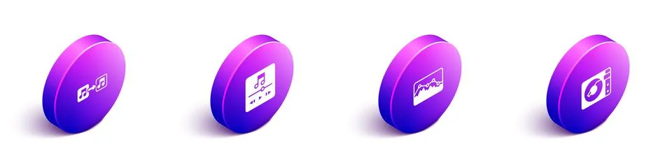 Set Isometric Music note, tone, player, wave equalizer and Vinyl with vinyl disk Illustrazione stock