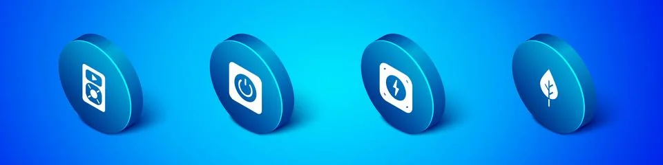 Set Isometric Music player, Lightning bolt, Leaf Eco symbol and Power butto.. Stock Illustration
