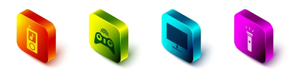 Set Isometric Music player, Wireless gamepad, Computer monitor screen and Stock Illustration