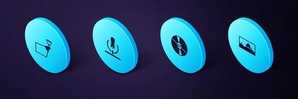 Set Isometric Music wave equalizer, CD or DVD disk, Microphone and Movie Stock Illustration