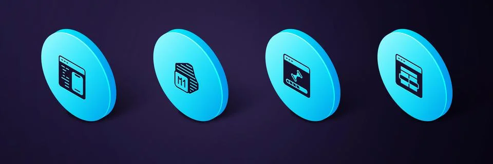 Set Isometric MySQL code, Loading data window, Processor and Software icon Stock Illustration