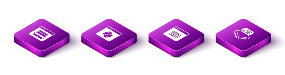 Set Isometric MySQL code, Python programming language, Binary and Processor with Stock Illustration