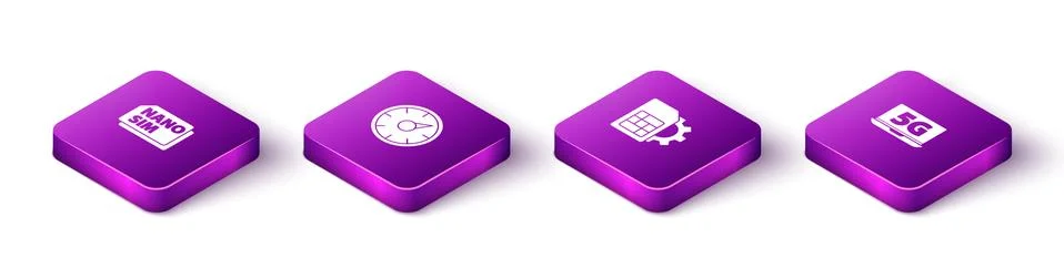 Set Isometric Nano Sim Card, Digital speed meter 5G, card setting and Laptop Illustrazione stock