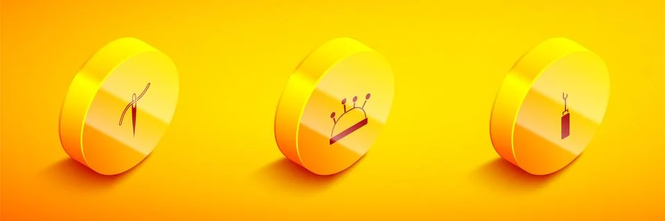 Set Isometric Needle with thread, bed and needles and Awl tool icon. Vector Illustrazione stock