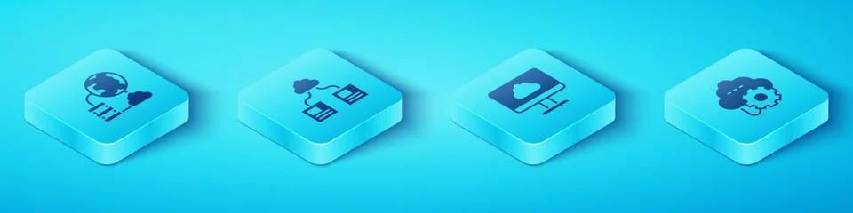 Set Isometric Network cloud connection, Cloud technology data transfer, and icon Stock Illustration