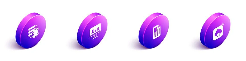Set Isometric Network cloud connection, Monitor with graph chart, File document Stock Illustration