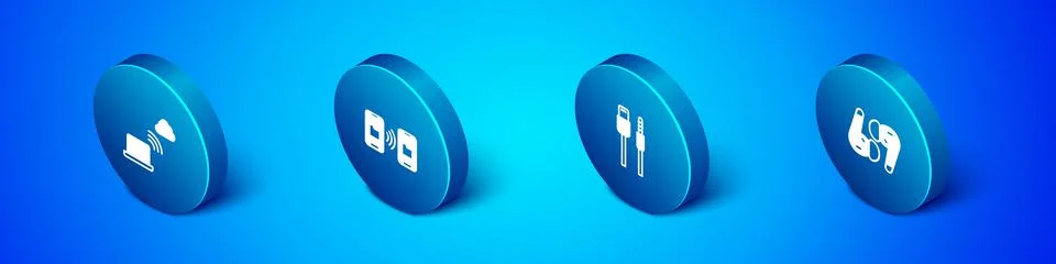 Set Isometric Network cloud connection, USB cable cord, Air headphones and Data Stock Illustration