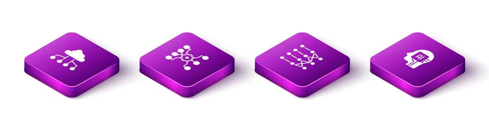 Set Isometric Network cloud connection, Neural network, and Humanoid robot icon Stock Illustration