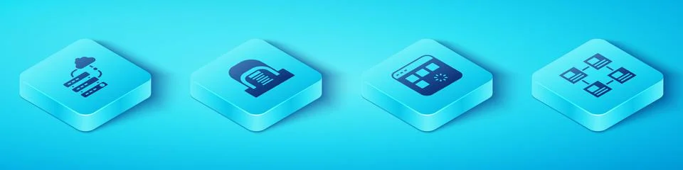 Set Isometric Network cloud connection, Hangar with servers, Hierarchy Stock Illustration