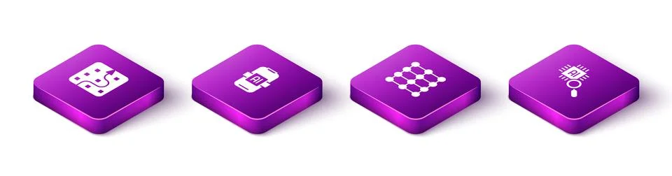 Set Isometric Neural network, Artificial intelligence AI, and Processor CPU icon Illustrazione stock