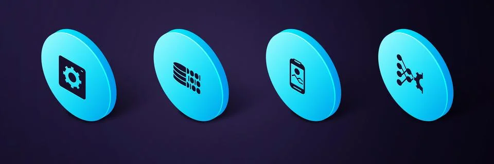 Set Isometric Neural network, Mobile phone, Binary code and Computer api Stock Illustration