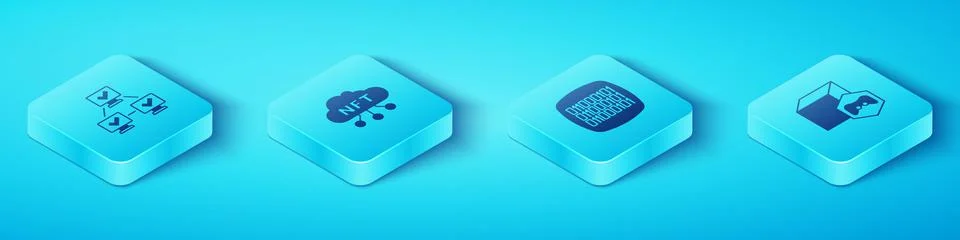Set Isometric NFT blockchain technology, cloud, Digital crypto art and Binary Illustrazione stock