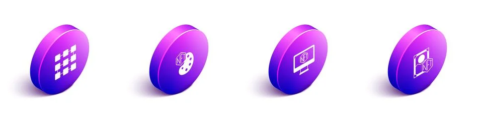Set Isometric NFT blockchain technology, Digital crypto art, Monitor with store Stockillustratie