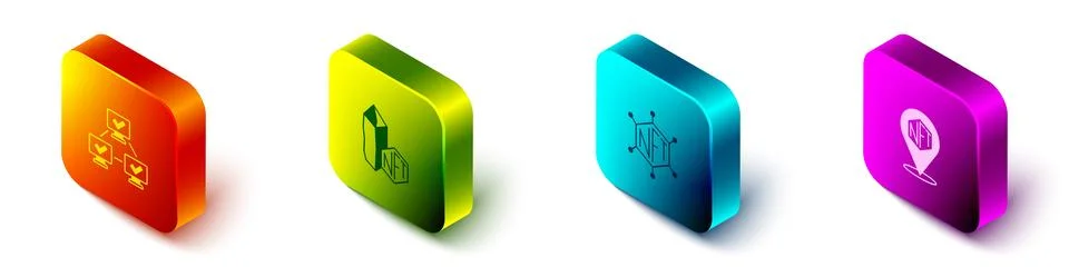 Set Isometric NFT blockchain technology, Digital crypto art, and icon. Vector Stock Illustration