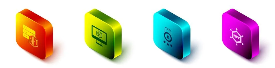 Set Isometric NFT blockchain technology, Monitor with art store app, Cyber .. Stock Illustration