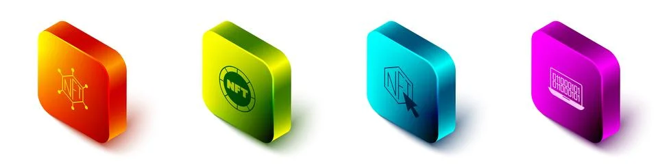 Set Isometric NFT blockchain technology, Digital crypto art,  and Binary co.. Stock Illustration