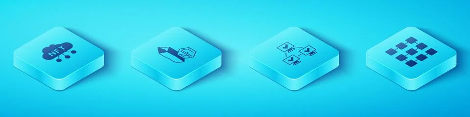 Set Isometric NFT cloud, Digital crypto art, blockchain technology and  ico.. Stock Illustration