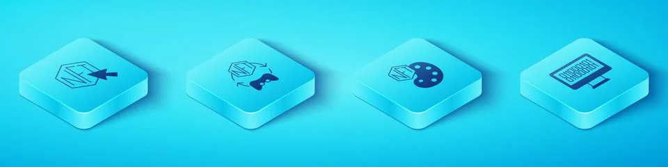 Set Isometric NFT Digital crypto art, Binary code and icon. Vector Stock Illustration