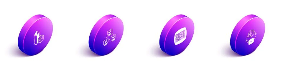 Set Isometric NFT Digital crypto art, blockchain technology, Binary code and Stock Illustration