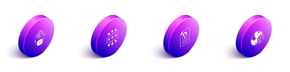 Set Isometric NFT Digital crypto art, Cyber security, Document and lock and   Illustrazione stock