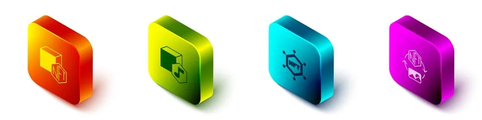 Set Isometric NFT Digital crypto art, blockchain technology and icon. Vector Stock Illustration