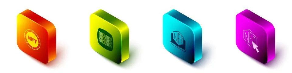 Set Isometric NFT Digital crypto art, Binary code, Laptop with store app and 스톡 일러스트