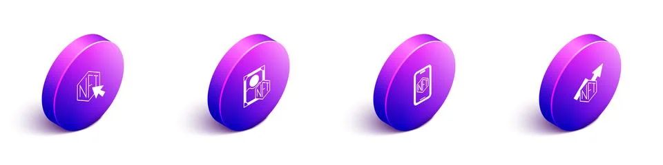 Set Isometric NFT Digital crypto art, Mobile with store app and growth bar chart Stock Illustration