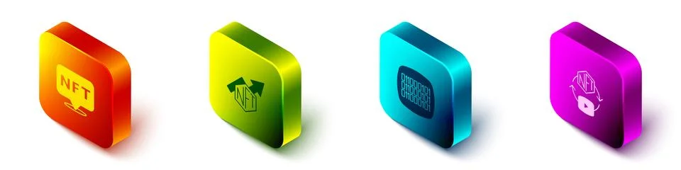 Set Isometric NFT Digital crypto art, growth bar chart, Binary code and icon 스톡 일러스트