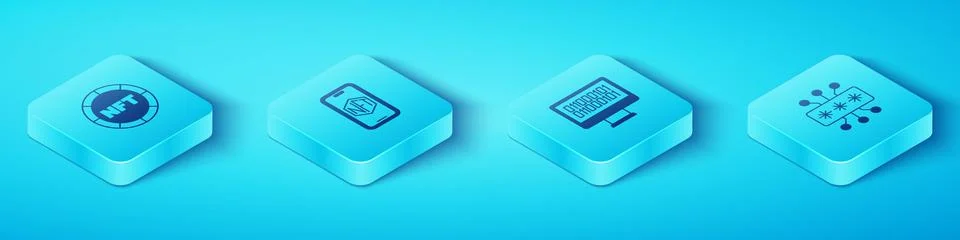 Set Isometric NFT Digital crypto art, Mobile with store app, Cyber security.. Stock Illustration