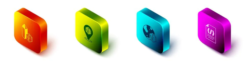 Set Isometric NFT Digital crypto art,  and Binary code icon. Vector 스톡 일러스트