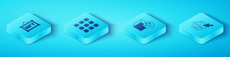 Set Isometric NFT Digital crypto art, blockchain technology, and icon. Vector Stock Illustration
