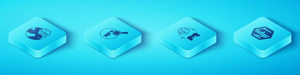 Set Isometric NFT Digital crypto art, Search, and icon. Vector Stock Illustration