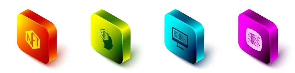 Set Isometric NFT Digital crypto art, Binary code and  icon. Vector 스톡 일러스트
