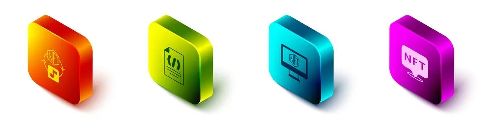 Set Isometric NFT Digital crypto art, Binary code, Monitor with store app a.. 스톡 일러스트